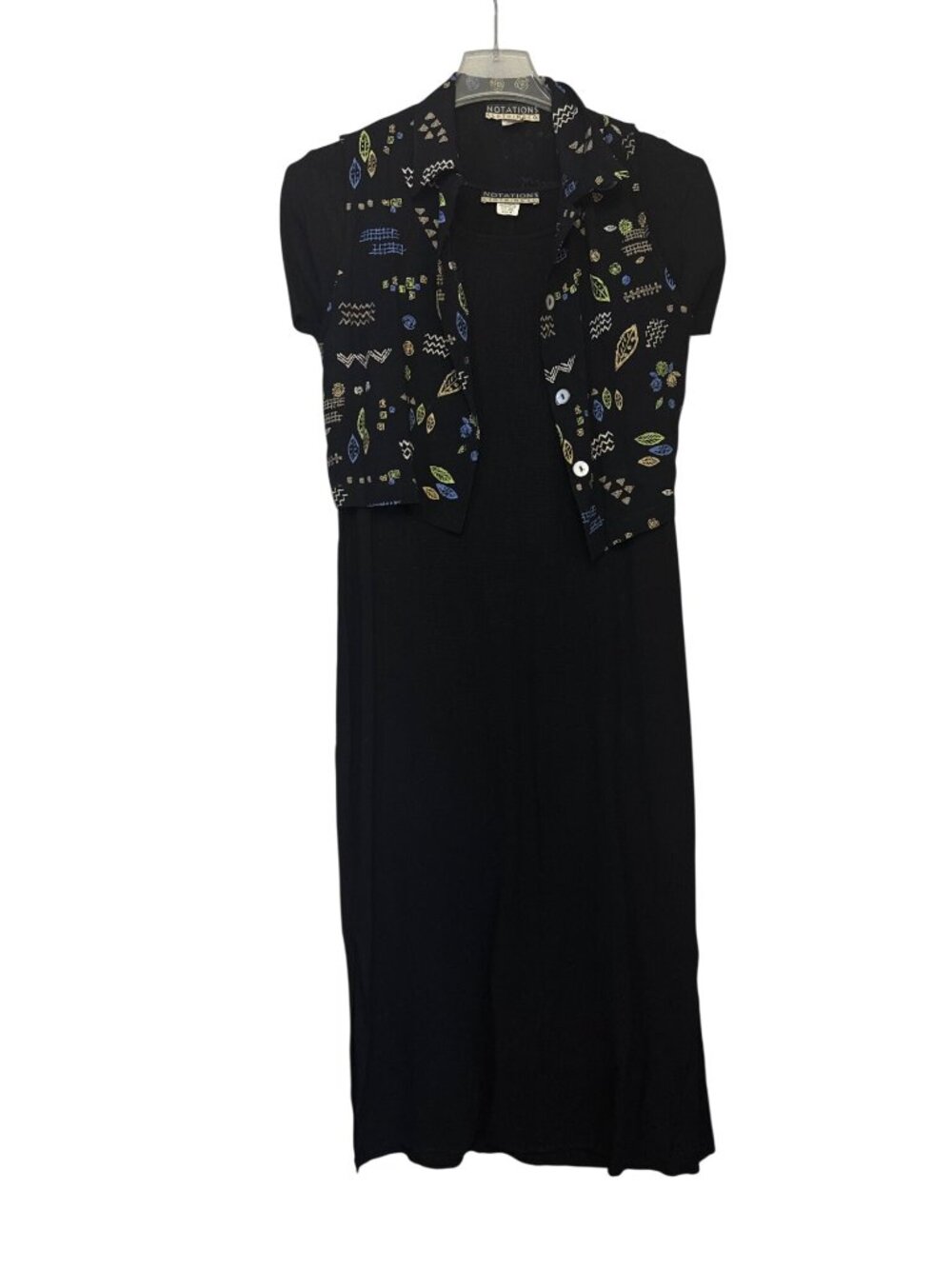 Notations Womens Black Midi Dress With Patterned Button Down Vest Size M - Picture 8 of 14